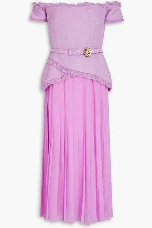 Oscar de la Renta Off-the-shoulder cotton-blend tweed paneled chiffon midi dress - Purple - US 8