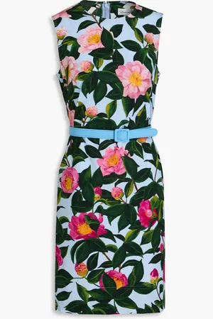 Oscar de la Renta Belted floral-print cotton-blend poplin mini dress - Blue - US 00