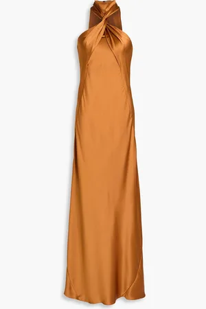 GALVAN Twisted satin-crepe maxi dress - Brown - FR 38