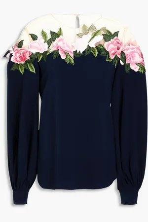 Oscar de la Renta Embroidered tulle-trimmed crepe blouse - Blue - US 4