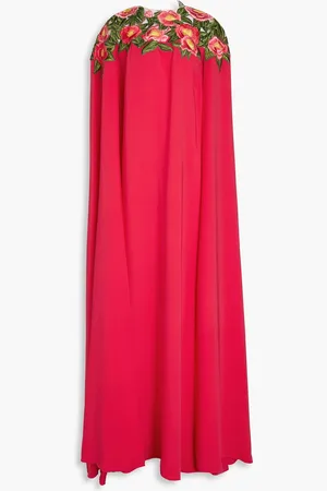 Oscar de la Renta Camellia cape-effect appliquéd tulle-trimmed stretch-silk gown - Orange - XS