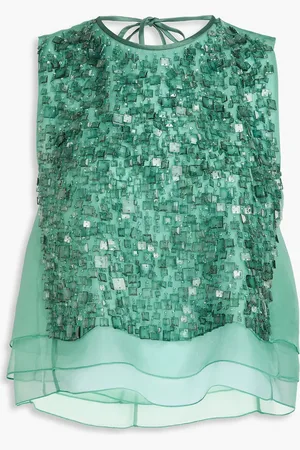Emporio Armani Embellished silk-organza top - Green - IT 42