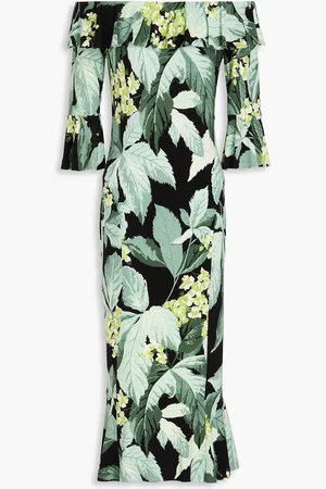 Norma Kamali Off-the-shoulder ruffled floral-print jersey midi dress - Green - FR 34