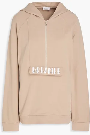 Brunello Cucinelli Bead-embellished printed French cotton-terry half-zip hoodie - Neutral - M