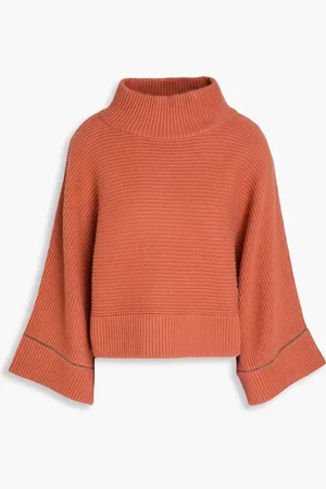 Brunello Cucinelli Bead-embellished ribbed cashmere turtleneck sweater - Red - M