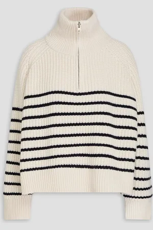 NILI LOTAN Amelina striped ribbed cashmere half-zip sweater - White - M