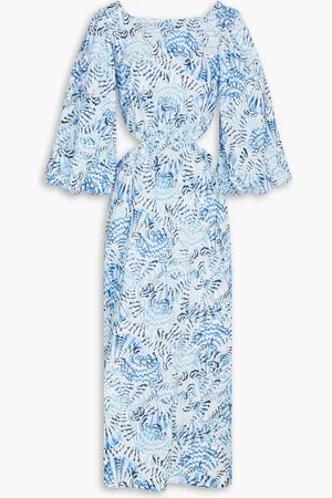 SALONI Neela cutout printed linen midi dress - Blue - UK 12