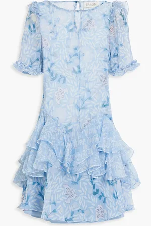 SALONI Thea ruffled printed georgette mini dress - Blue - UK 8