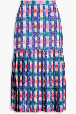 SALONI Diana pleated printed satin-jacquard midi skirt - Blue - UK 8