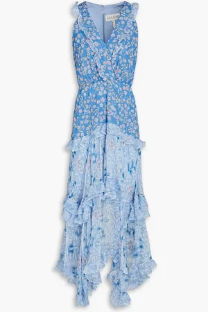SALONI Jolie tiered floral-print silk-chiffon midi dress - Blue - UK 8