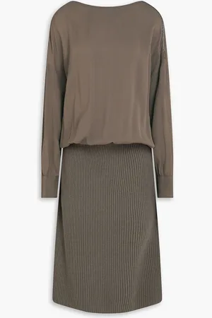 Fabiana Filippi Crepe de chine-paneled ribbed wool, silk and cashmere-blend midi dress - Neutral - IT 46