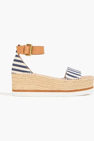 See by Chloé Glyn striped canvas and leather platform espadrille sandals - Blue - EU 37