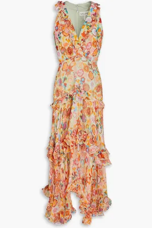 SALONI Jolie tiered printed silk-chiffon midi dress - Green - UK 4