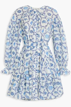 SALONI Pixie ruffled printed cotton and silk-blend mini dress - - UK 6