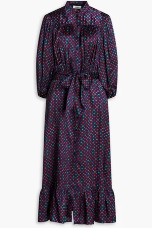Sandro Gathered printed satin-twill midi dress - Blue - FR 38