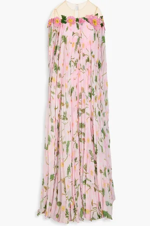 Oscar de la Renta Cape-effect pleated floral-print tulle and chiffon kaftan - Pink - M