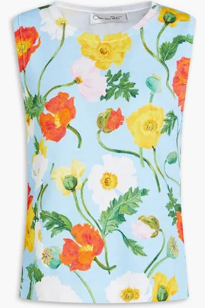 Oscar de la Renta Floral-print cotton-blend tank - Blue - L