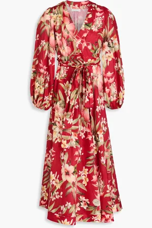 ZIMMERMANN Floral-print linen midi wrap dress - Red - 2