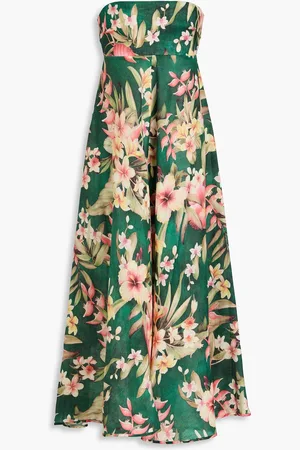 ZIMMERMANN Strapless shirred floral-print linen midi dress - Green - 0