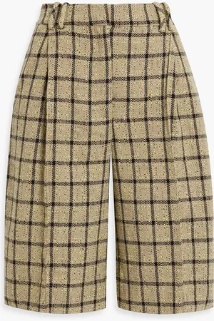 Ganni Pleated checked cotton-blend tweed shorts - Green - DE 40