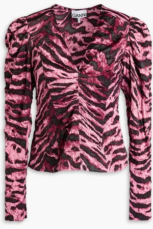 Ganni Ruched tiger-print stretch-satin blouse - - DE 40
