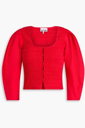 Ganni Cropped shirred cotton-poplin blouse - - DE 34