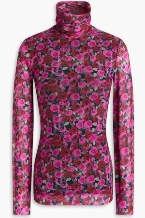 Ganni Floral-print stretch-mesh turtleneck top - Pink - DE 32