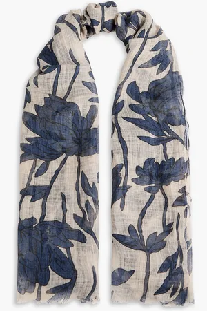 Brunello Cucinelli Frayed printed linen-gauze scarf - Blue - OneSize
