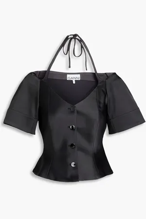 Ganni Cropped satin peplum halterneck top - - DE 40