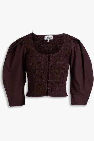 Ganni Shirred cotton-poplin top - Brown - DE 44