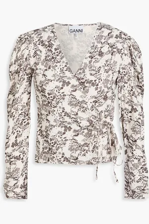 Ganni Floral-print twill wrap blouse - Gray - DE 38