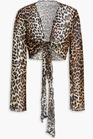 Ganni Cropped leopard-print stretch-mesh top - - DE 44