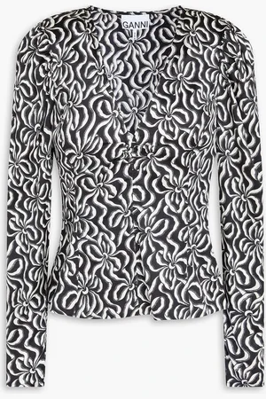 Ganni Ruched floral-print stretch-silk satin blouse - - DE 36
