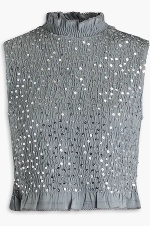 Sandro Cropped sequin-embellished shirred stretch-jersey turtleneck top - - 1