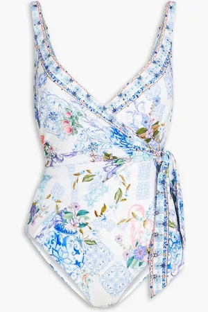 Camilla Wrap-effect embellished printed swimsuit - Blue - UK 8