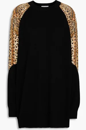 Camilla Leopard-print silk satin-paneled wool and cashmere-blend sweater - - L