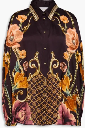Camilla Crystal-embellished printed silk-charmeuse shirt - Brown - M