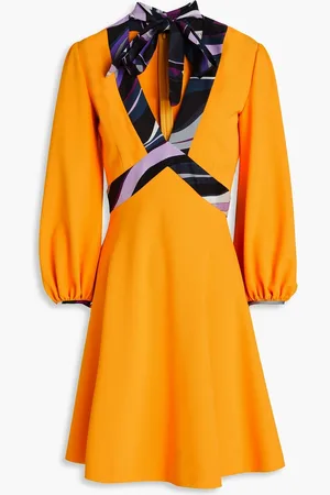 Puccini Pussy-bow silk-trimmed stretch-crepe mini dress - Yellow - IT 42