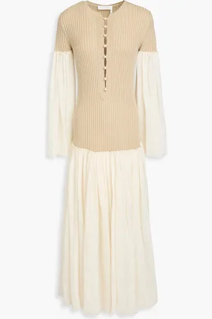 Chloé Gauze-paneled ribbed linen and silk-blend maxi dress - Neutral - FR 36