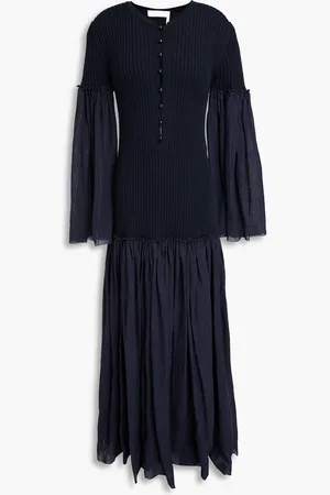 Chloé Gauze-paneled ribbed linen and silk-blend maxi dress - Blue - FR 34