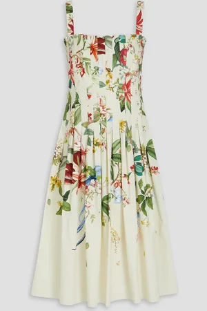 Oscar de la Renta Pleated printed cotton-blend poplin midi dress - White - US 16