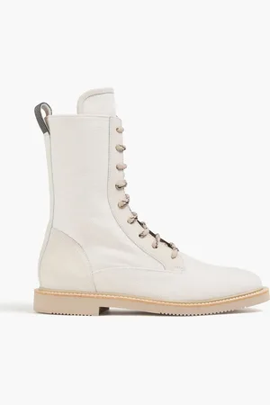 Brunello Cucinelli Bead-embellished canvas combat boots - White - EU 38