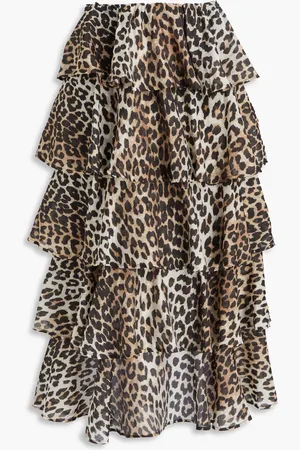 Ganni Tiered leopard-print TENCEL-blend™ voile midi skirt - - DE 36