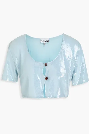 Ganni Cropped sequined crepe top - Blue - DE 36