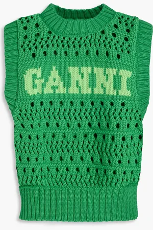 Ganni Cropped intarsia and pointelle-knit cotton-blend vest - - S