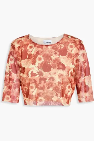 Ganni Cropped floral-print stretch-mesh top - Orange - DE 36