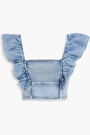 Ganni Cropped ruffled denim top - Blue - DE 32