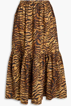 Ganni Gathered tiger-print cotton-poplin midi skirt - - DE 36