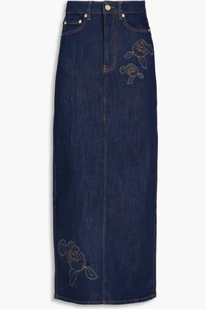 Ganni Appliquéd denim midi pencil skirt - Blue - DE 34