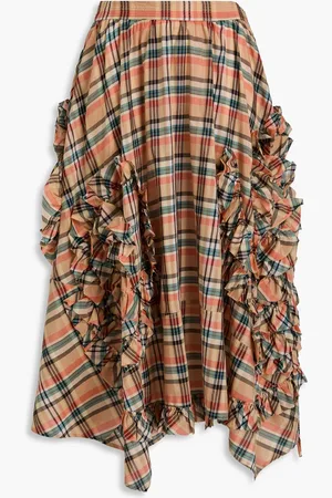 ULLA JOHNSON Annine ruffled checked cotton and silk-blend voile midi skirt - Neutral - US 10